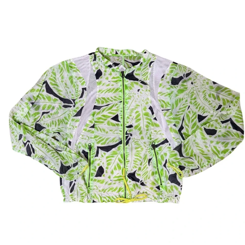 Alo Yoga Windbreaker Jacket Green Palm Leaf Tropical Mesh Activewear Womens